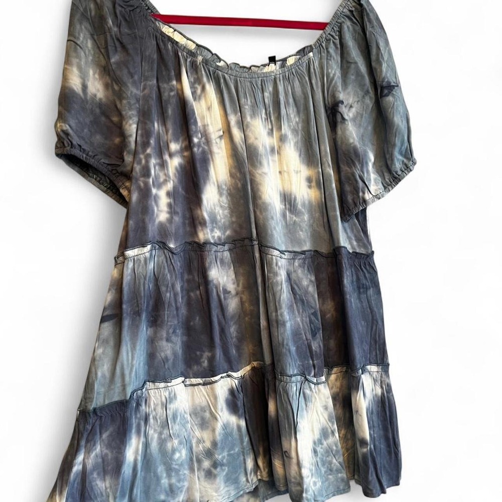 Blue & White Tie Dye Tiered Blouse Women's 1X Boho Hippie Festival